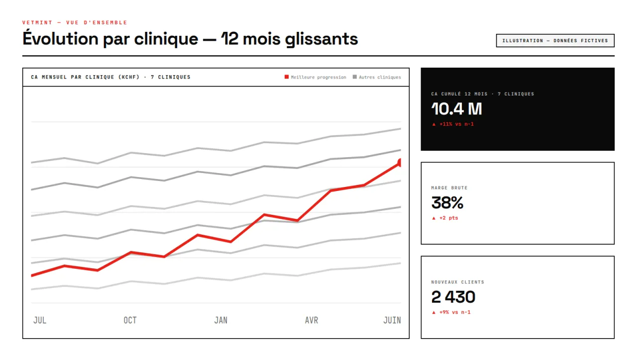 Vue d'ensemble du dashboard Vetmint : évolution du chiffre d'affaires sur 12 mois pour les 7 cliniques — illustration, données fictives